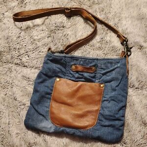 Myra Bag womens Star Denim Upcycled Canvas Cotton & Leather Shoulder Bag